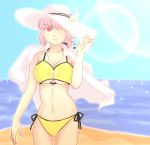  1girl beach bikini breasts fate/grand_order fate_(series) florence_nightingale_(fate/grand_order) hat highres large_breasts navel off_shoulder pink_hair purecoma red_eyes solo swimsuit thigh_gap under_boob yellow_bikini zipper 