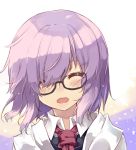  1girl bangs black-framed_eyewear blush closed_eyes collared_shirt commentary_request face fate/grand_order fate_(series) glasses hair_over_one_eye lavender_hair looking_at_viewer necktie nomalandnomal open_mouth portrait purple_hair red_necktie shielder_(fate/grand_order) shirt smile solo 