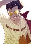  1boy aviator_sunglasses black_hair clothes_writing glasses gloves hand_on_head highres jacket_on_shoulders kozaki_yuusuke looking_at_viewer male_focus no_more_heroes official_art shirt_pull smile solo sunglasses sunlight travis_touchdown upper_body 