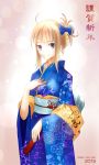  2015 ahoge aiovia alternate_costume alternate_hairstyle blonde_hair blue_eyes dated fate_(series) happy_new_year highres japanese_clothes kimono looking_at_viewer new_year obi saber sash smile translated wide_sleeves 