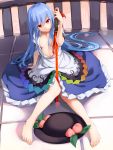  1girl asu_tora bangs barefoot blue_hair blue_skirt breasts feet food fruit hat highres hinanawi_tenshi long_hair looking_at_viewer medium_breasts no_bra open_clothes open_shirt peach puffy_short_sleeves puffy_sleeves red_eyes shirt short_sleeves sitting skirt solo sword_of_hisou toes touhou very_long_hair 