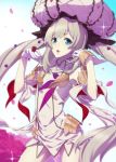  1girl blue_eyes cowboy_shot dress fate/grand_order fate_(series) flower gloves hat jewelry long_hair marie_antoinette_(fate/grand_order) open_mouth petals rose rose_petals sami_(object_dump) short_dress silver_hair solo sparkle thighs twintails white_gloves 