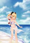  1girl absurdres ahoge beach bikini black_ribbon blonde_hair blue_sky blush breasts cleavage clouds fate/stay_night fate_(series) front-tie_bikini front-tie_top green_eyes hair_ribbon highres navel ocean ponytail ribbon saber saber_lily salute sarong sky smile solo swimsuit water 