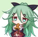  12.7cm_twin_gun_mount_model_b_kai_2 1girl black_bow blush bow chibi chocolate_cornet eating eyebrows_visible_through_hair fairy_(kantai_collection) food green_eyes green_hair hair_ornament hairclip kantai_collection lilywhite_lilyblack long_hair ribbon solo wavy_hair yamakaze_(kantai_collection) 