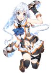  1girl :d ange_vierge arm_up black_gloves black_legwear blue_eyes braid dual_wielding gloves long_hair looking_at_viewer navel open_mouth revision silver_hair smile solo sword thigh-highs twin_braids weapon white_background yappen 