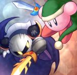  2boys battle blue_eyes blush cape copy_ability eye_contact green_hat hat holding holding_sword holding_weapon kirby kirby_(series) kirby_super_star link looking_at_another mask master_sword meta_knight multiple_boys nintendo pauldrons serious shoulder_pads suta_(clusta) sword sword_fight weapon yellow_eyes 