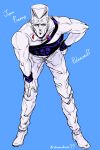  1boy abs bent_over blue_background blue_eyes character_name earrings full_body hand_on_hip hand_on_own_knee jean_pierre_polnareff jewelry jojo_no_kimyou_na_bouken male_focus monochrome muscle solo spot_color twitter_username wristband zazamiso 