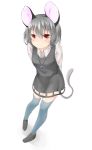  1girl absurdres animal_ears arms_behind_back bangs black_shoes blush brown_eyes closed_mouth full_body grey_hair grey_legwear grey_skirt grey_vest hair_between_eyes highres jewelry leaning_forward long_sleeves looking_at_viewer mouse_ears mouse_tail nazrin netamaru pendant shoes short_hair skirt skirt_set smile solo standing tail touhou twintails vest 