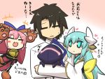  1boy 2girls :3 aqua_eyes aqua_hair arm_grab armor arms_up bell bell_collar berserker_(fate/zero) black_hair blush_stickers bow brown_hair cat_paws chibi closed_eyes collar comic commentary_request fang fate/grand_order fate_(series) fujimaru_ritsuka_(male) gloves glowing goma_(gomasamune) gradient gradient_background hair_bow hair_ribbon heart helmet highres horns japanese_clothes kimono kiyohime_(fate/grand_order) long_hair long_sleeves multiple_girls open_mouth oversized_object paw_gloves paws pink_hair red_kimono ribbon shirt sidelocks smile sweat tamamo_(fate)_(all) tamamo_cat_(fate) translation_request white_kimono white_shirt wide_sleeves 