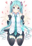  1girl aqua_hair black_legwear blue_eyes c: detached_sleeves hatsune_miku heart long_hair looking_at_viewer necktie outstretched_arms revision seiza sitting skirt smile solo thigh-highs twintails very_long_hair vocaloid yappen 