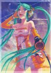  1girl alternate_costume aqua_hair breasts commentary_request elbow_gloves gas_pump_nozzle gloves hatsune_miku headset long_hair racequeen shorts small_breasts smile solo spaghetti_strap tama_(tama_sphere) twintails very_long_hair violet_eyes vocaloid yellow_gloves 