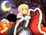  1girl alternate_color artoria_pendragon_(all) bat breasts cape cleavage crescent_moon cross excalibur fang fate/stay_night fate_(series) fur-trimmed_cape fur_trim green_eyes halloween moon planted_weapon rs7 saber sword weapon 
