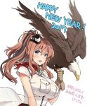  1girl 2017 anchor bird blouse blue_eyes breast_pocket breasts brown_hair dress eagle hair_between_eyes happy_new_year impossible_clothes kantai_collection kekocha large_breasts long_hair looking_at_viewer new_year open_mouth pocket ponytail red_belt red_neckerchief saratoga_(kantai_collection) side_ponytail simple_background single_glove smokestack solo translated upper_body white_background white_blouse white_dress wind wind_lift 