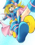  1girl bare_shoulders blonde_hair blue_boots blush blush_stickers boots breasts dark_magician_girl duel_monster green_eyes hat large_breasts long_hair open_mouth pentacle smile solo staff wizard_hat yu-gi-oh! yuu-gi-ou_duel_monsters 