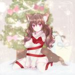  1girl ahri alternate_costume animal_ears blush breasts brown_hair christmas christmas_tree facial_mark fox_ears fox_tail large_breasts league_of_legends long_hair looking_at_viewer multiple_tails red_eyes ribbon solo tail twintails whisker_markings 