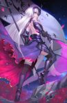  1girl armor armored_boots bare_back bare_shoulders black_gloves black_legwear blonde_hair boots cowter duan_henglong fate/grand_order fate_(series) flower full_body fur_trim gloves high_heel_boots high_heels highres jeanne_alter long_hair looking_at_viewer looking_back parted_lips petals rose ruler_(fate/apocrypha) ruler_(fate/grand_order) shoulder_blades skull smile solo standard_bearer sword thigh-highs very_long_hair weapon white_hair wind yellow_eyes 