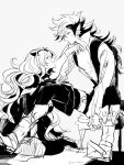  1boy 1girl animal_ears armor breasts camilla_(fire_emblem_if) cleavage european_clothes fire_emblem fire_emblem_if flannel_(fire_emblem_if) greyscale kneeling monochrome open_clothes open_shirt shirt sitting tail tiara torisudesu wolf_ears wolf_tail 