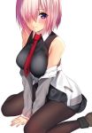  1girl black_legwear dress fate/grand_order fate_(series) hair_over_one_eye jacket looking_at_viewer matarou_(genkai_toppa) necktie off_shoulder pantyhose purple_hair shielder_(fate/grand_order) short_hair sitting sleeveless sleeveless_dress smile solo violet_eyes wariza 