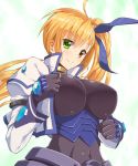  1girl armor blonde_hair blush bodysuit breasts covered_navel cropped_jacket gem green_background green_eyes hair_ribbon heterochromia highres huge_breasts impossible_clothes jacket juliet_sleeves long_hair long_sleeves looking_at_viewer lyrical_nanoha mahou_shoujo_lyrical_nanoha_vivid puffy_sleeves red_eyes ribbon shinki_(shinki59) shiny shiny_clothes shiny_hair side_ponytail smile solo vivio 