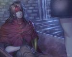  1boy aimio_nagi artist_name black_hair buckle cape expressionless final_fantasy final_fantasy_vii gauntlets headband indoors long_hair male_focus red_eyes sitting solo_focus vincent_valentine 