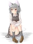  1girl animal_ears bangs black_dress black_legwear blush brown_shoes convenient_leg dress eyebrows_visible_through_hair full_body grey_hair hair_between_eyes highres knees_up loafers long_sleeves looking_away mouse_ears mouse_tail nazrin netamaru parted_lips shoes short_hair sitting socks solo tail touhou 