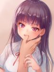  1girl bangs blush drooling eyebrows_visible_through_hair eyelashes finger_in_another&#039;s_mouth finger_in_mouth long_hair looking_at_viewer neck_ribbon nishizawa open_mouth original pov purple_hair ribbon saliva shirt solo_focus sweat tsurime upper_body violet_eyes white_shirt 