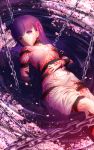  1girl artist_name chains cherry_blossoms corruption dark_persona dark_sakura dress empty_eyes expressionless fate/stay_night fate_(series) hair_ornament hair_ribbon highres lying matou_sakura on_back partially_submerged petals pink_dress purple_hair reflection ribbon rimuu solo violet_eyes water 
