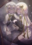  1girl black_gloves blonde_hair fate/grand_order fate_(series) gloves hair_ribbon headpiece highres jeanne_alter jeanne_alter_(santa_lily)_(fate) long_hair looking_at_viewer ribbon ruler_(fate/apocrypha) solo thigh-highs yellow_eyes younger 