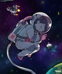  2boys android astronaut beard blanko! closed_eyes dangan_ronpa earth facial_hair flying highres keebo momota_kaito multiple_boys new_dangan_ronpa_v3 purple_hair rocket short_hair signature silver_hair sleeping smile space 