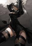  1girl black_gloves black_legwear blindfold breasts brown_legwear cleavage cowboy_shot gloves hairband leotard mole mole_under_mouth nier_(series) nier_automata short_hair skindentation skirt solo thigh-highs thighs white_gloves white_hair white_leotard yomu_(sgt_epper) yorha_no._2_type_b yorha_unit_no._2_type_b 