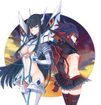  2girls bangs black_hair blue_eyes breasts cleavage cleavage_cutout groin highres junketsu kill_la_kill kiryuuin_satsuki long_hair matoi_ryuuko miniskirt multicolored_hair multiple_girls navel redhead revealing_clothes sailor_collar senketsu sideboob sidelocks skirt spikes thigh-highs two-tone_hair very_long_hair wanwansbwan zettai_ryouiki 