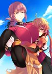  1boy 1girl blush braid breasts carrying fate/grand_order fate_(series) florence_nightingale_(fate/grand_order) highres huge_breasts long_hair ponytail pout princess_carry purple_hair rama_(fate/grand_order) red_eyes solo sukage 