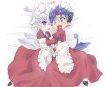  2boys alternate_costume angel angel_and_devil angel_wings apron blue_hair blush crossdressinging demon_boy demon_tail demon_wings enmaided fang full_body halo horns inuzumi looking_at_viewer low_wings luke_venus maid maid_apron maid_headdress male_focus mini_wings multiple_boys on_bed open_mouth pointy_ears pop-up_story silver_hair tail violet_eyes waist_apron wings ziz_glover 