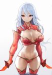  1girl breasts cleavage copyright_request dual_wielding female hiro1984 large_breasts light_blue_hair long_hair midriff navel red_eyes red_legwear solo thigh-highs 