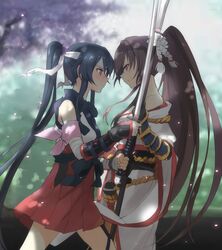  2girls alternate_costume arm_ribbon arm_wrap armor bare_shoulders black_hair blush brown_hair cherry_blossoms eye_contact headband highres japanese_armor kantai_collection kisetsu long_hair looking_at_another multiple_girls naginata outdoors polearm profile ribbon skirt smile sweatdrop sword tree very_long_hair weapon yahagi_(kantai_collection) yamato_(kantai_collection) 