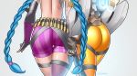  2girls ammunition_belt armor ass blue_hair braid bullet commentary crossover elbow_gloves fingerless_gloves gloves hand_holding jinx_(league_of_legends) league_of_legends long_hair mismatched_gloves mismatched_legwear multiple_girls out_of_frame overwatch shorts simple_background tattoo thigh-highs thigh_gap thigh_strap tracer_(overwatch) twin_braids twitter_username velladonna 