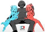  1boy 2girls :d afro akihara_nakuru bare_shoulders blush breasts cigar cleavage detached_collar detached_sleeves girl_sandwich hair_ornament hairclip long_hair multiple_girls nintendo nintendo_switch open_mouth original personification pimp sandwiched shirtless simple_background sitting sketch smile visor wrist_cuffs x_hair_ornament 