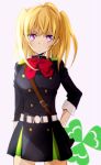  1girl belt black_skirt blonde_hair bow bowtie cowboy_shot hand_on_hip long_hair looking_away military military_uniform owari_no_seraph red_bow sanguu_mitsuba skirt solo standing tsukimori_usako twintails uniform violet_eyes 