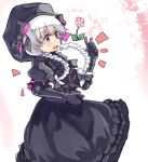  1girl black_dress blush braid doll_joints dress fate/extra fate_(series) flower nomalandnomal nursery_rhyme_(fate/extra) open_mouth pink)eyes pink_background pink_eyes ribbon solo twin_braids white_hair 
