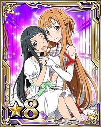  2girls asuna_(sao) black_eyes black_hair brown_eyes brown_hair collarbone detached_sleeves dress green_ribbon hand_on_another&#039;s_hip holding_hand long_hair looking_at_viewer multiple_girls number one_eye_closed open_mouth pleated_skirt red_skirt ribbon skirt smile star sundress sword_art_online white_dress yui_(sao) 