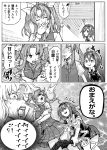  2girls :3 :d ahoge bike_shorts bike_shorts_pull comic commentary_request gloves greyscale hairband highres kagerou_(kantai_collection) kantai_collection long_hair monochrome multiple_girls munmu-san open_mouth pleated_skirt school_uniform serafuku shiratsuyu_(kantai_collection) short_hair skirt smile sweat translation_request twintails 