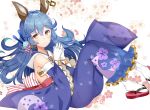  1girl alternate_costume animal_ears bare_shoulders bent_knees blue_hair blue_kimono breasts detached_sleeves earrings erun_(granblue_fantasy) ferry_(granblue_fantasy) floral_print from_side granblue_fantasy hair_ornament hands_together highres hoop_earrings interlocked_fingers japanese_clothes jewelry kimono long_hair looking_at_viewer nan_(jyomyon) obi rabbit_ears sandals sash sideboob single_earring wavy_hair wide_sleeves yellow_eyes 