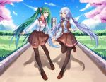  2girls alternate_costume black_legwear blue_hair blue_sky cherry_blossoms clock clock_tower clouds green_eyes green_hair hatsune_miku long_hair multiple_girls necktie pantyhose reking school_uniform skirt sky standing standing_on_one_leg suspender_skirt suspenders thigh-highs thighs tower twintails vest vocaloid wind wind_lift xingchen yellow_eyes 