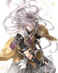  1boy armor black_gloves gloves hakama highres japanese_armor japanese_clothes katana kogitsunemaru male_focus partly_fingerless_gloves petals pom_pom_(clothes) red_eyes sheath sode suzuneko-rin sword touken_ranbu unsheathing weapon white_hair 