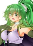  1girl blush breasts collar duel_monster gloves green_eyes green_hair hair_ornament highres jacket jewelry large_breasts long_hair looking_at_viewer open_mouth ponytail simple_background solo spiritual_beast_tamer_winda tahira_ureka white_background winda_priestess_of_gusto yu-gi-oh! 