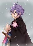  1boy aqua_eyes cape flower japanese_clothes kasen_kanesada male_focus oisih purple_hair smile snowing touken_ranbu 
