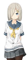  1girl blue_eyes cowboy_shot hair_ornament hair_over_one_eye hairclip hamakaze_(kantai_collection) highres hoojiro_(found1093) kantai_collection pantyhose school_uniform short_hair silver_hair simple_background skirt smile solo white_background 