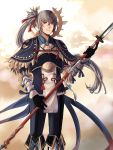  1boy armor fire_emblem fire_emblem_if holding holding_weapon japanese_clothes looking_at_viewer male_focus mayvin naginata polearm ponytail silver_hair smile takumi_(fire_emblem_if) weapon 