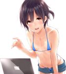  1girl bikini blue_bikini computer highres laptop npt_(calpis) short_hair short_shorts shorts simple_background solo swimsuit tan tanline 