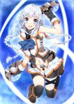  1girl :d ange_vierge arm_up black_gloves black_legwear blue_eyes braid dual_wielding full_moon gloves looking_at_viewer moon navel open_mouth revision silver_hair smile solo sword thigh-highs twin_braids weapon yappen 